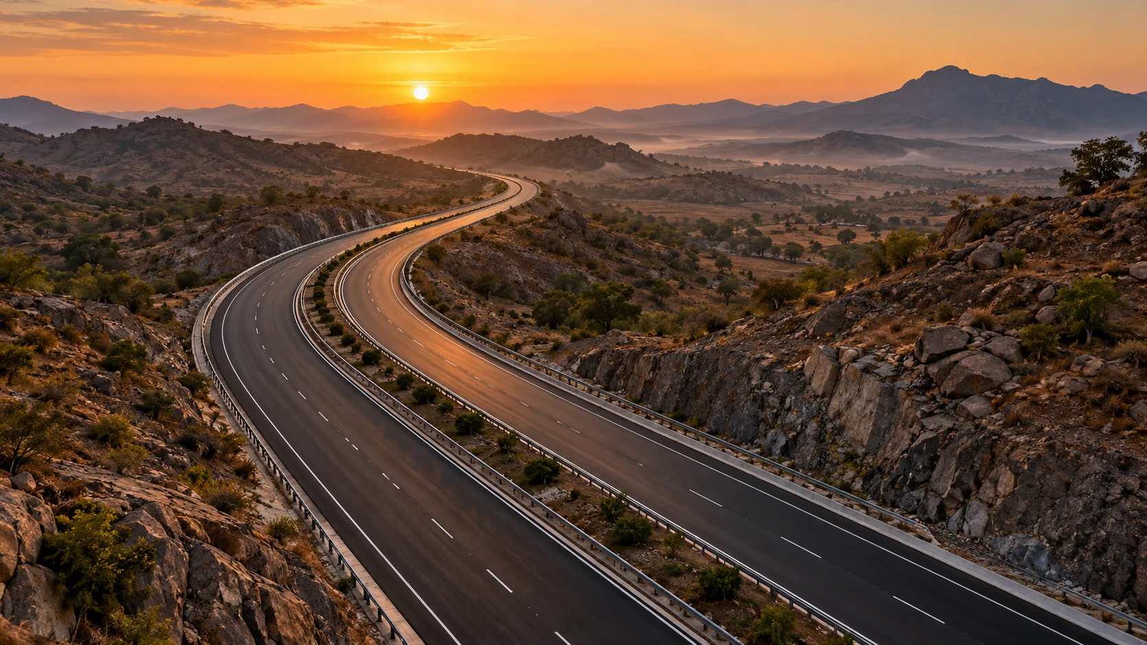 Illustrative aerial view of a divided highway through rocky terrain at dawn